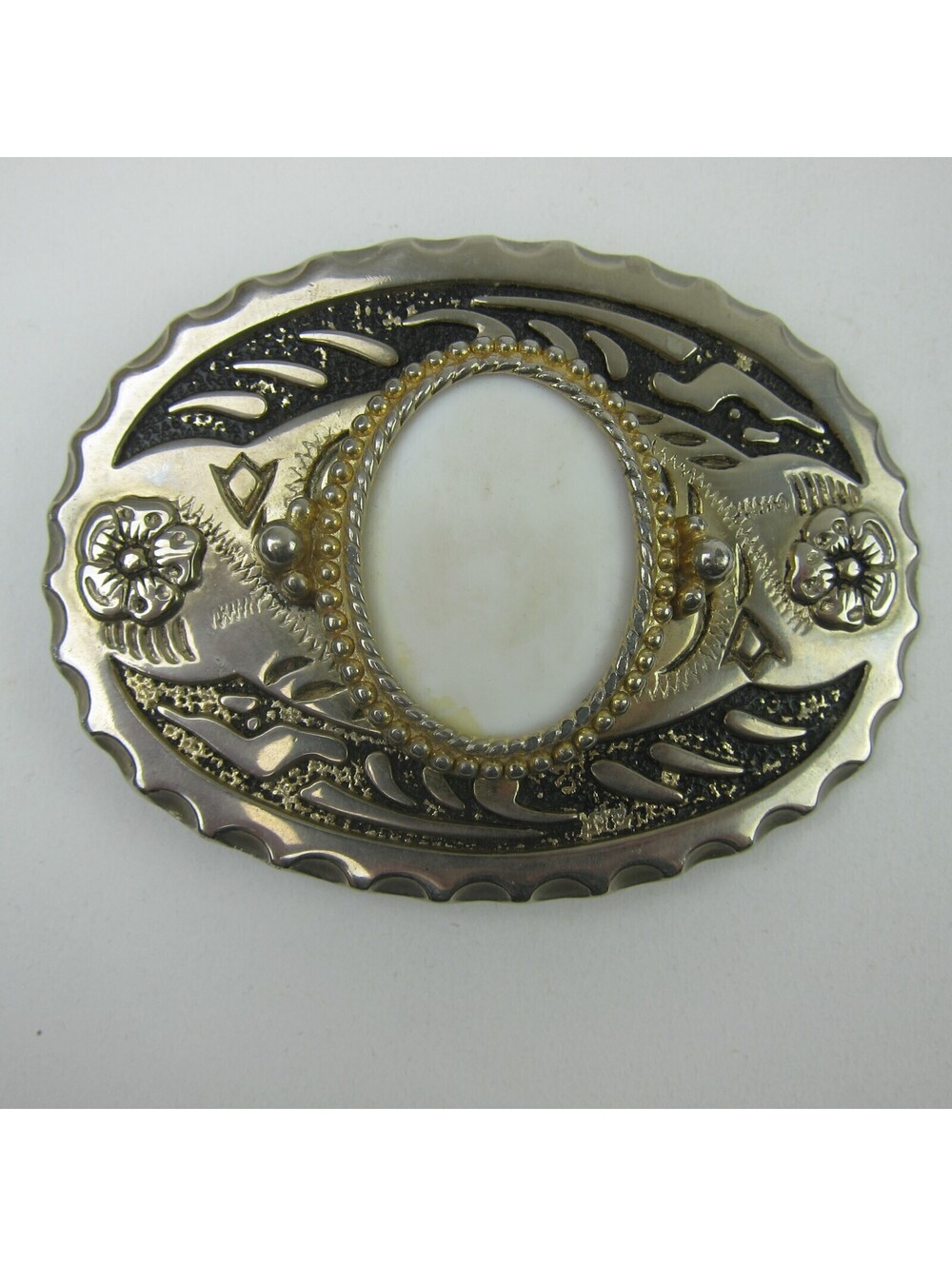 Vintage Belt Buckle Cowboy Western Silver tone Metal White Stone Center Flowers